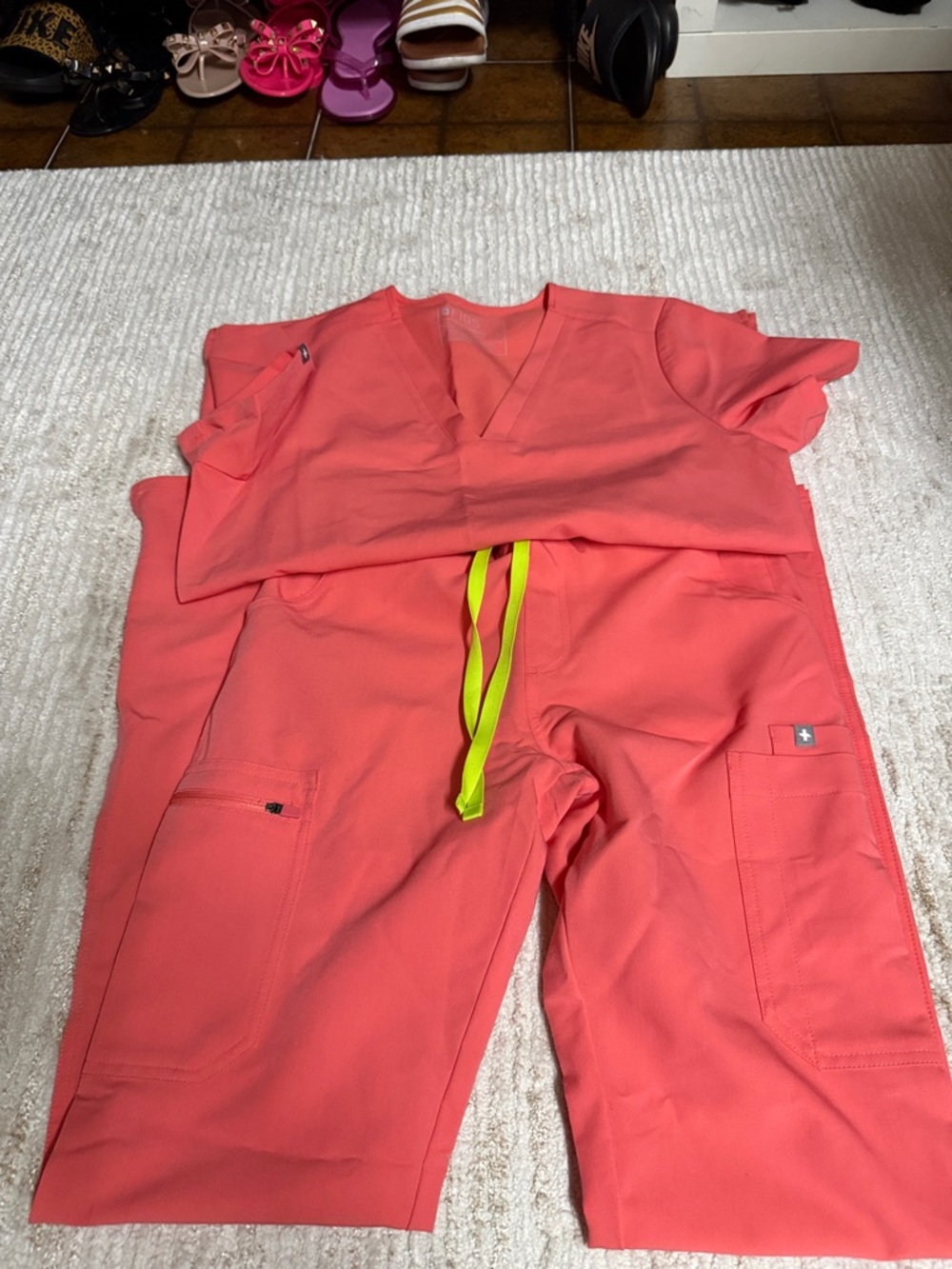 Figs Women's Coral Jumpsuit with Neon Yellow Drawstring